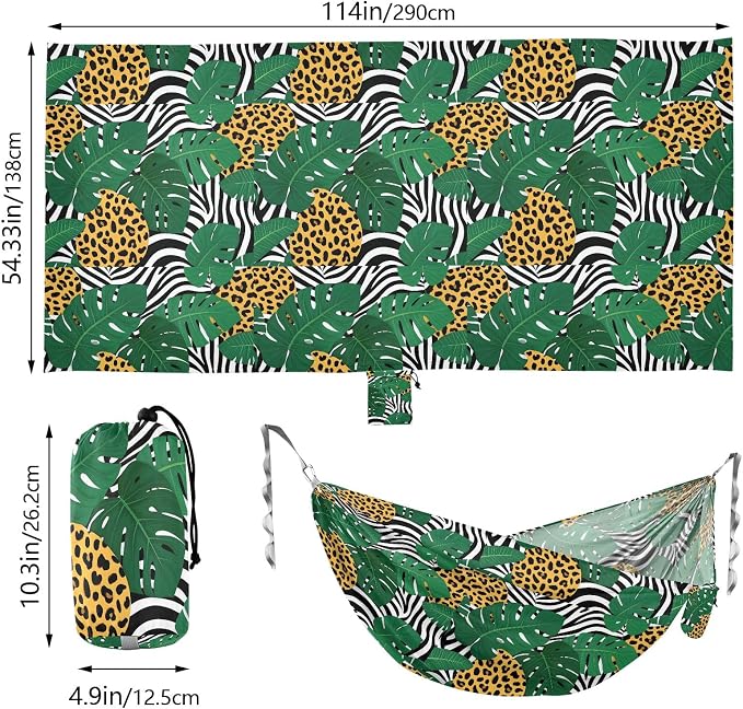 Camping Hammock Outdoor Hammocks for Outside Leopard Tropical Leaf Beach Trees Portable Lightweight with Pockets Tree Straps Indoor Small