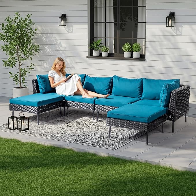 Outvita 6 Pieces Patio Furniture Set, All-Weather Outdoor Sectional Patio Sofa PE Rattan Manual Weaving Wicker Conversation Set with Ottoman & Adjustable Feet & Pillow & Seat Cushion, Green & Black