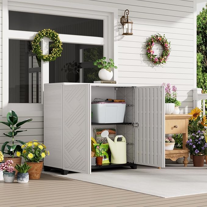 HOMSPARK Indoor/Outdoor Storage Cabinet with Doors and 1 Shelf, 34”x15”x34” HDPE Plastic Storage Box for Patio, Garden, Enterway, Balcony, Multi-Purpose for Daily Tools, White
