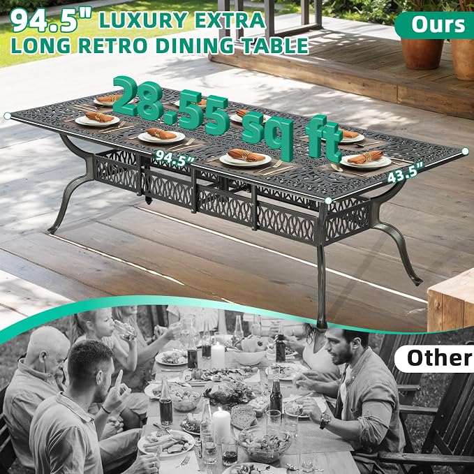VIVIJASON 9-Piece Outdoor Dining Furniture Set, Cast Aluminum Patio Table & Chairs Set for 8, Include 94.5" Rectangular Dining Table and 8 Swivel Rocker Chairs with Umbrella Hole, Red Cushion