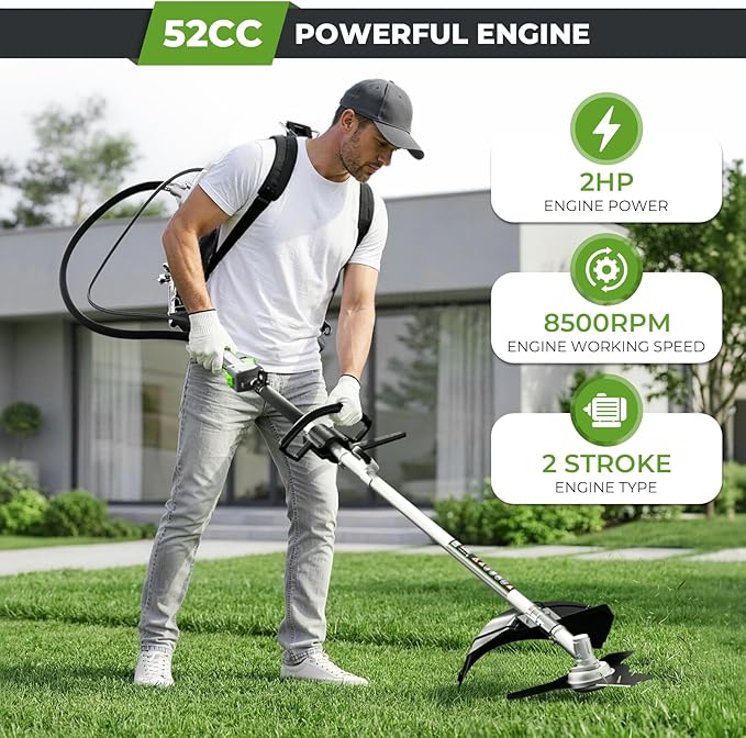 52CC Gas Powered Weed Wacker, 3IN1 2-Stroke Backpack Gas Powered Weed Eater String Trimmer, Brush Cutter 3/40-Tooth Blade for Garden, Yard