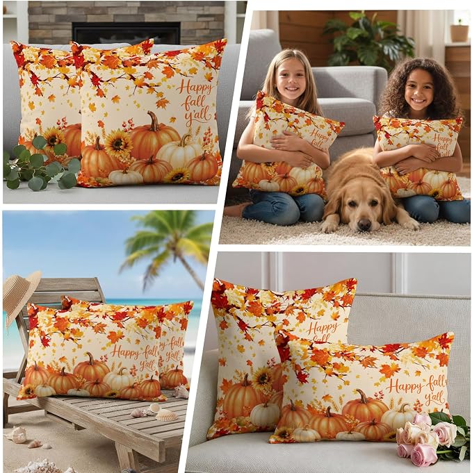 Orange Fall Waterproof Outdoor Pillow Covers 16''x16'' Set of 2, Maple Tree Branch Thanksgiving Pumpkin Patio Cushion Covers for Chairs,Decorative Countryside Leaves Pillow Cases for Garden/Pool/Beach