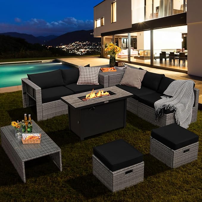 Tangkula 9 PCS Patio Furniture Set with 42” 60,000 BTU Fire Pit, Outdoor Space-Saving Sectional Sofa Set with Storage Box, Waterproof Covers Included (Black)
