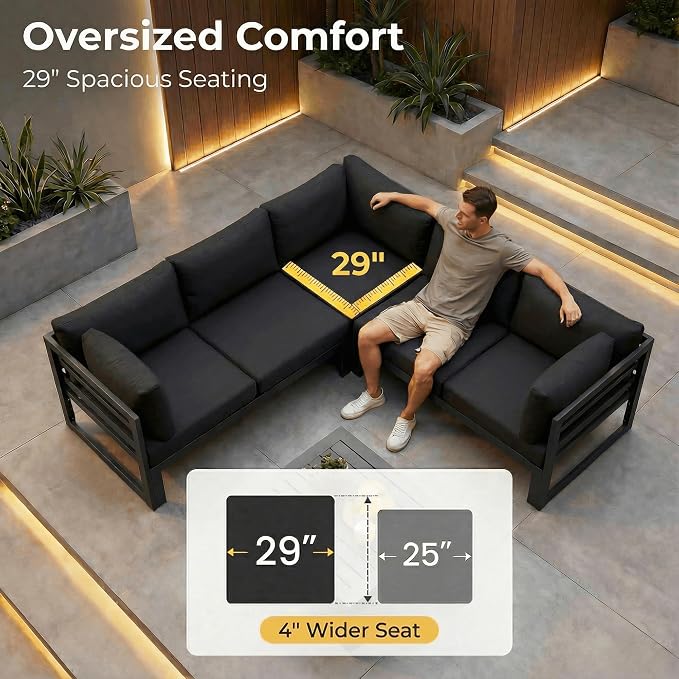 NICESOUL Oversized Modern Aluminum Outdoor Patio Furniture Set with Lounger & Fire Pit Table, 29" Wide Deep Seating, Rust Fade Resistant Sectional Sofa, 500 lbs Heavy Duty Deck Conversation Set, Black
