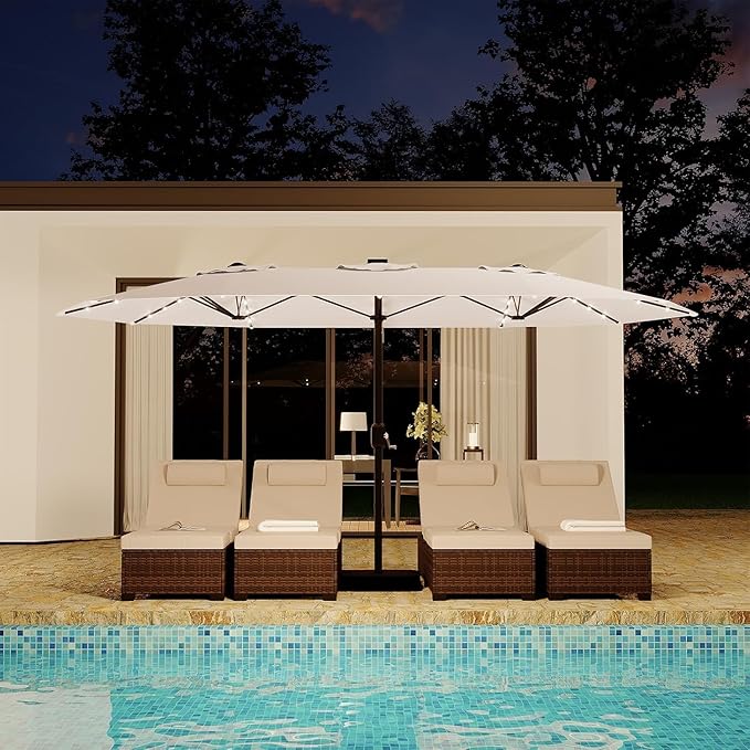 Garvee 15 ft Rectangular Patio Umbrella with Solar Lights & Base Included - Large Patio Umbrella with Crank Handle 36 LED Lights, UV Protection for Outdoor Market, Backyard, Deck, Pool, Beige