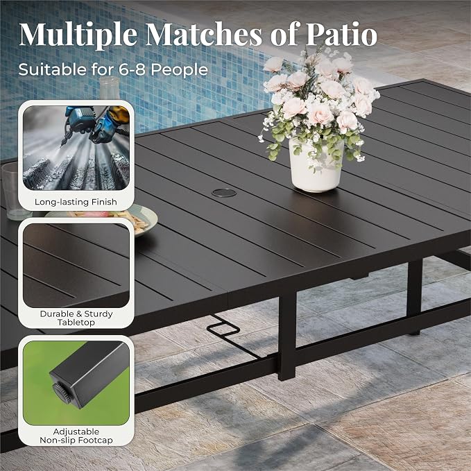 MIXPATIO 9 Pieces Patio Table and Chairs Set, Patio Dining Set for 8, 8 Brown Textilene Chairs and 83” Rectangular Patio Dining Table with Umbrella Hole, for Deck Backyard Lawn Poolside