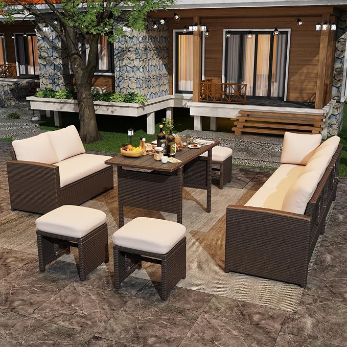 U-MAX 7 Pieces Patio Furniture Set with Waterproof Cover, Outdoor Sectional Sofa Conversation Set, All Weather Wicker Rattan Dining Table & Chair with Ottoman, Brown Rattan&Khaki Cushion