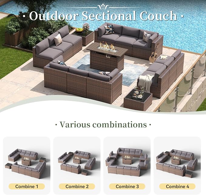 Aoxun 15 Piece Patio Furniture Set with 44” Fire Pit Table Wicker Rattan Outdoor Sectional Sofa Set with Coffee Table and Thickened Cushions, Grey