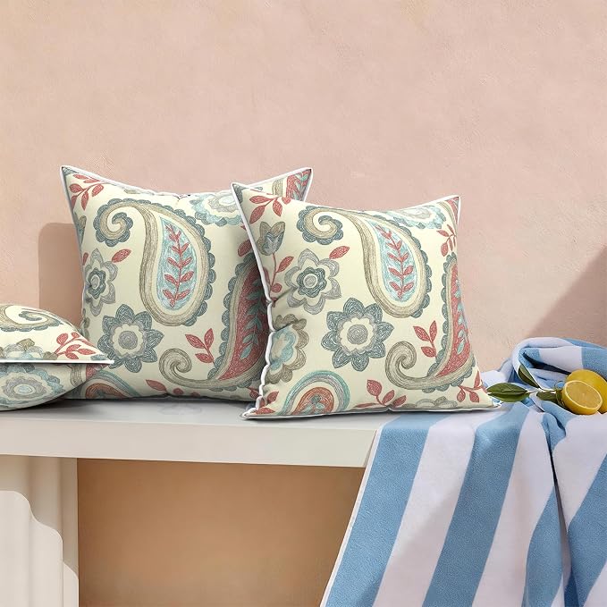Outdoor Throw Pillows Inners, Fade Resistant Patio Furniture Square Pillows with Piping Set of 2 for Patio Furniture, 18x18 Inch, Paisley Vintage