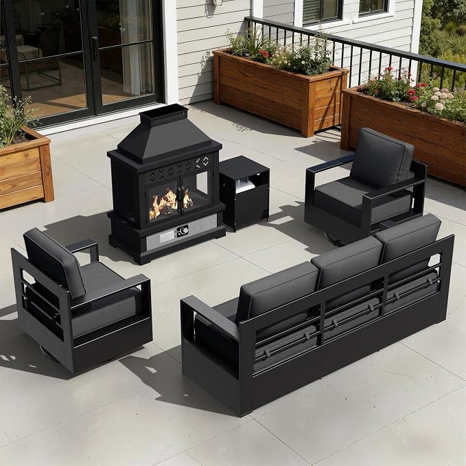Outdoor Aluminum Furniture Set, 4-Piece Patio Conversation Set, 2 Swivel Chairs, 1 Sofa and 1 Fireplace, All-Weather Metal Frame, 6" Thick Removable Cushions, Deep Setting for Garden and Porch