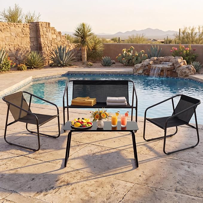 DUMOS 4 Piece Patio Furniture Set, Outdoor Patio Furniture Set with Table and Chairs, Sectional Bistro Sets for Lawn, Garden, Balcony, Pool, Poolside Black