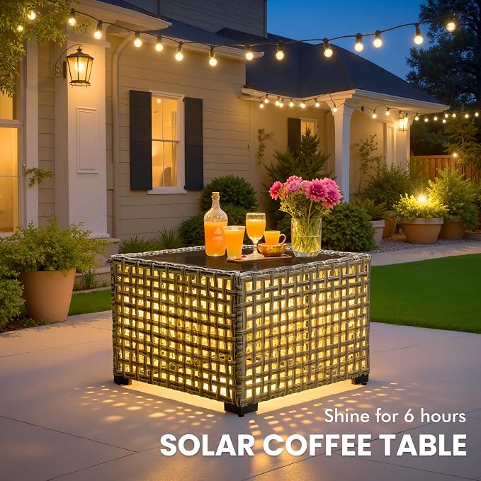 Outdoor Sectional Patio Furniture Set with Swivel Rocking Chairs and Glowing Table,8 Pieces Wicker Conversation Sets L Shaped Couch Out Door Sofa Outside Furniture for Garden Deck Yard Porch,Grey