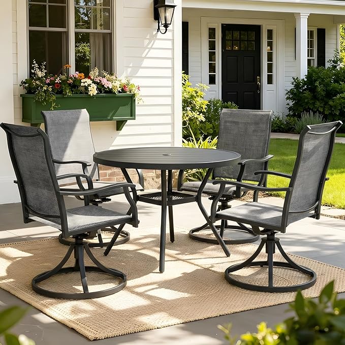 MEOOEM 5-Piece Patio Dining Set for 4, Outdoor Round Tables and Swivel Chairs Set of 4, All Weather Heavy Duty Outdoor Patio Table and Chairs Swivel for Outside, Deck, Garden, Backyard,Grey