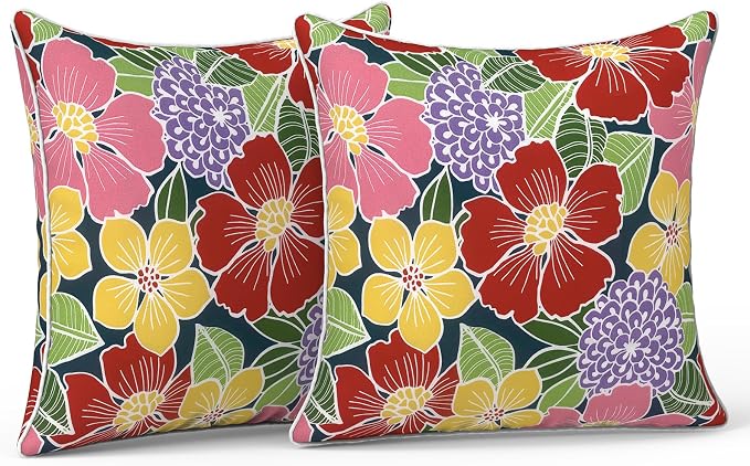 LVTXIII Outdoor Throw Pillows 16x16 Patio Waterproof Square Pillows with Piping Fade Resistant Accent Pillow for Spring Summer Garden Decoration, Set of 2, Flower Bloom