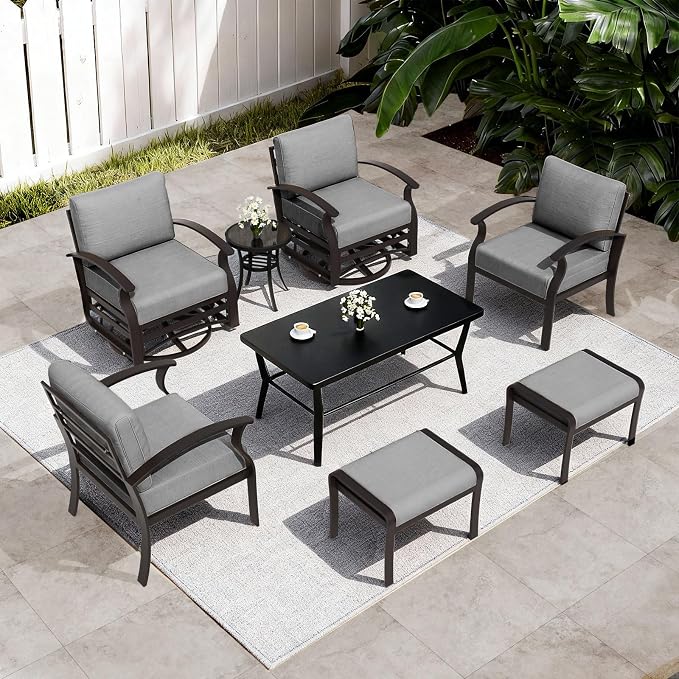 ALAULM Aluminum Patio Furniture Set with Coffee Table Rectangular, 6-seat Outdoor Sectional Furniture w/Swivel Chairs and 2 Ottomans, Patio Conversation Set for Porch, Backyard, Poolside-Grey