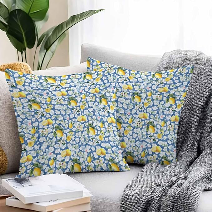 Yukro Summer Lemon Outdoor Waterproof Pillow Covers Pack of 2, Yellow Fruit White Flowers Country Plant Blue Throw Pillowcases Decorative Cushion Covers for Garden Patio Tent Sofa Couch, 20x20 inch