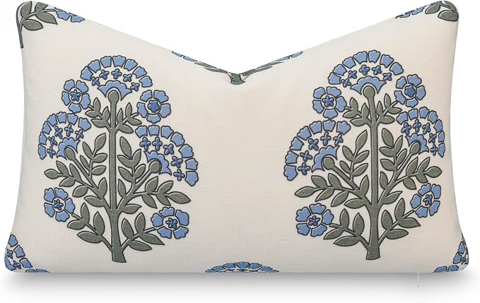 California Casual Coastal Indoor Outdoor Lumbar Pillow Cover, 12"x20" Water Repellent for Patio, Backyard, Couch, Poolside, Green Light Blue Block Print Hydrangea Flowers