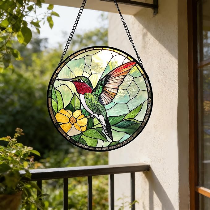 Stained Glass Window Hanging, Green Hummingbird Sun Catcher for Door Home Decor, Birds Suncatcher Christmas Mother's Day Birthday Gifts for Bird Lovers Women Men Mom and Nana 11.8 in