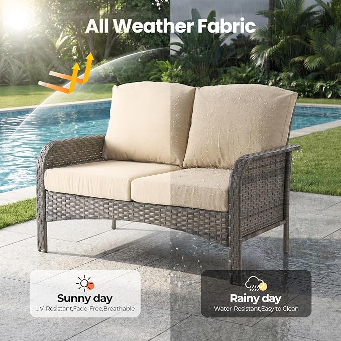 Weaxty Wicker Patio Furniture Set with Swivel Rocker Chairs Outdoor Loveseat Sofa and Rattan Coffee Table, 5 Pieces Outdoor Conversation Sets for Patio Porch Deck Backyard Poolside,Beige