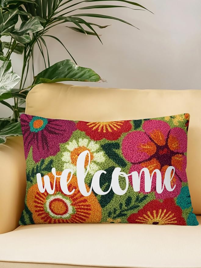 Outdoor Waterproof Throw Pillows 12x20in, Farmhouse Rustic Orange Red Floral Patio Pillows Pack of 1, Decorative Pillow Covers with Insert, Pillow Cushion Case for Garden Abstract Green Leaves