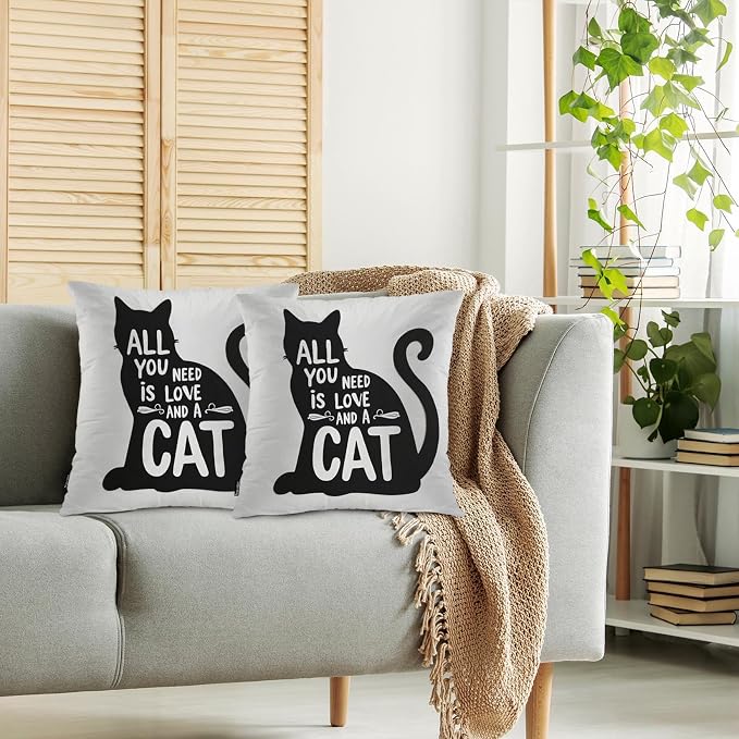 Swono Couch Pillow Cover Set of 2 Black Cat, All You Need is Love and A Cat Quote Decorative Throw Pillowcase Cushion Cover 18 X 18 Inch Throw Pillows Covers for Sofa Bedroom Car Living Room