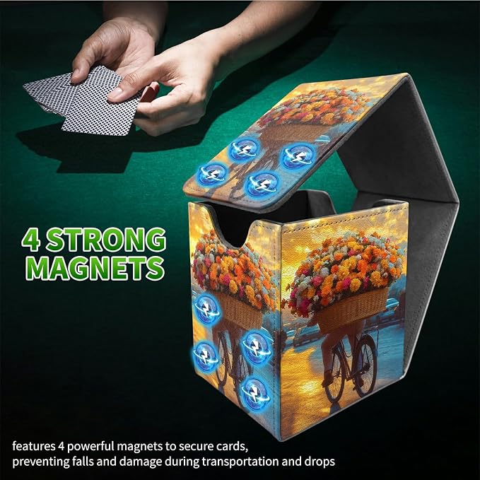 Flower Bike Card Deck Box for MTG, Personalized Card Storage Case Fits 120+ Sleeved Cards, Premium Leather TCG Box with Strong Magnetic Closure for Magic, CCG, PTCG, Baseball Cards