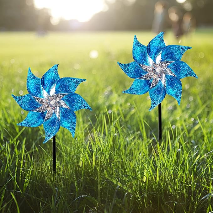 Hausse 10 Pack Reflective Pinwheels with Stakes (Assembly Required), Extra Sparkly Pin Wheel for Garden Decor, Bird Repellent Devices Deterrent to Scare Birds Away from Yard Patio Farm, Blue