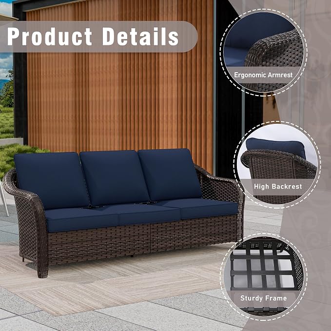 8 Piece Patio Wicker Conversation Set, All-Weather Use Outdoor Wicker Sofa with 2 PE Rattan Ottomans,4 Swivel Chair, 1 Side Table, Ideal for Porch, Backyard, Balcony, Poolside, Blue