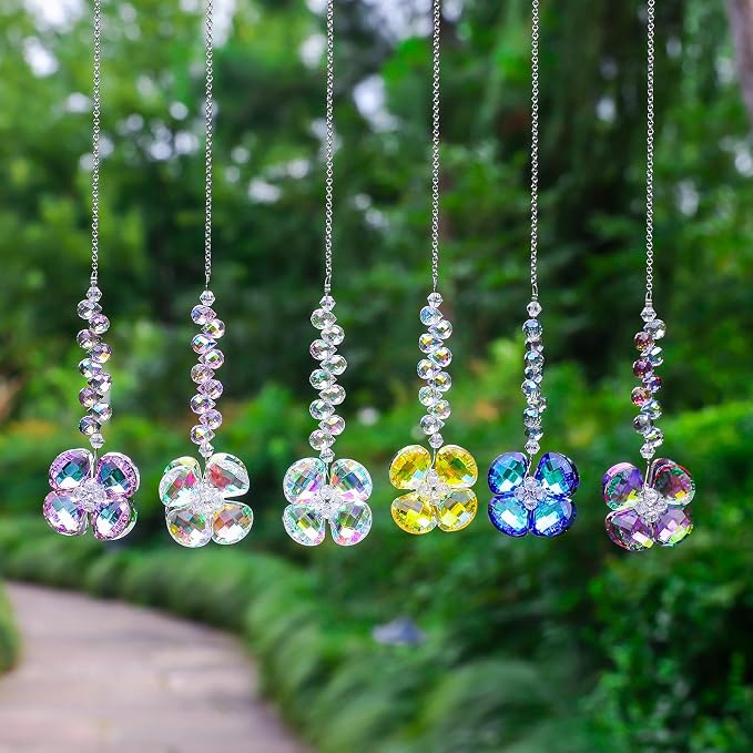 6pcs Crystal Suncatchers Four Leaf Clover Hanging Ornaments, Rainbow Maker Sun Catchers Indoor Window Outdoor Patio Garden Decor Gifts