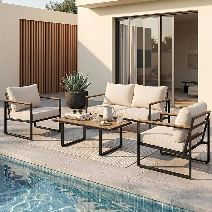 Modern Patio Furniture Set, 4 Pieces Outdoor Conversation Set with Coffee Table, Metal Patio Furniture with 4" Washable Foam Cushions, Ships in 1 Box, Beige