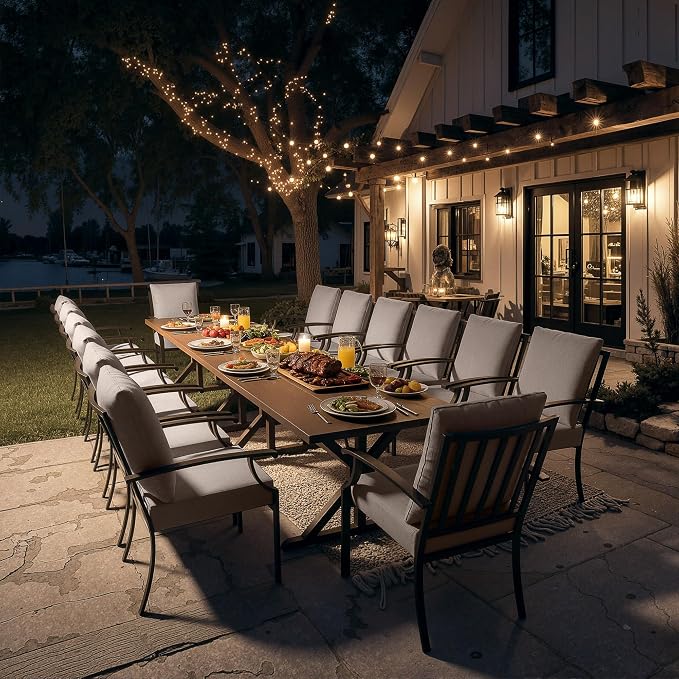 Kullavik 16 Pieces Outdoor Dining Set,Patio Dining Table and Chairs Set for 14,Fence Pattern Back Chairs with Thickened Cushions & X-Frame Metal Dining Table with Umbrella Hole for Patio,Sand