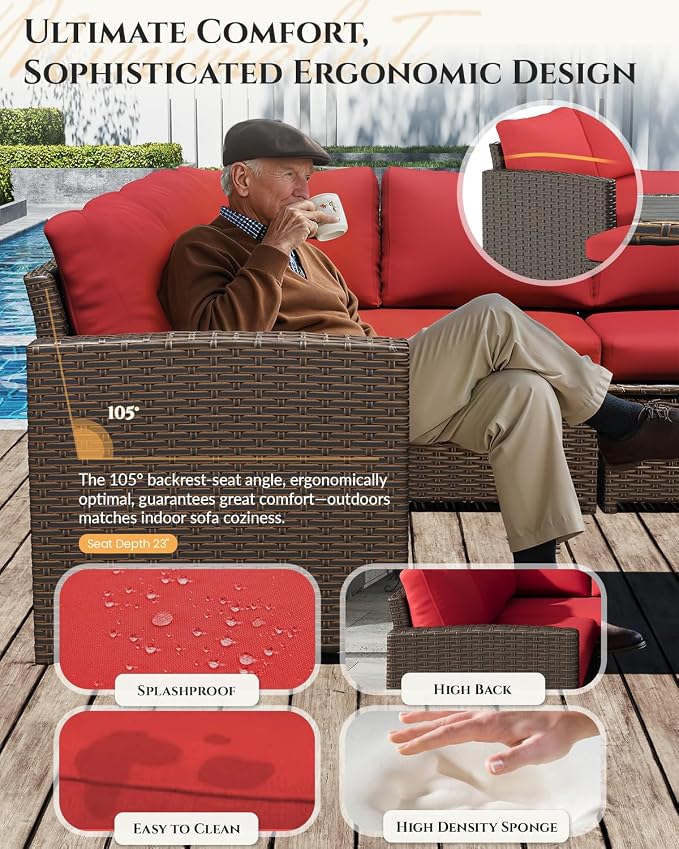 U-MAX 7 Pieces Patio Furniture Set with Waterproof Cover, Outdoor Sectional Sofa Conversation Set, All Weather Wicker Rattan Dining Table & Chair with Ottoman, Brown Rattan&Red Cushion