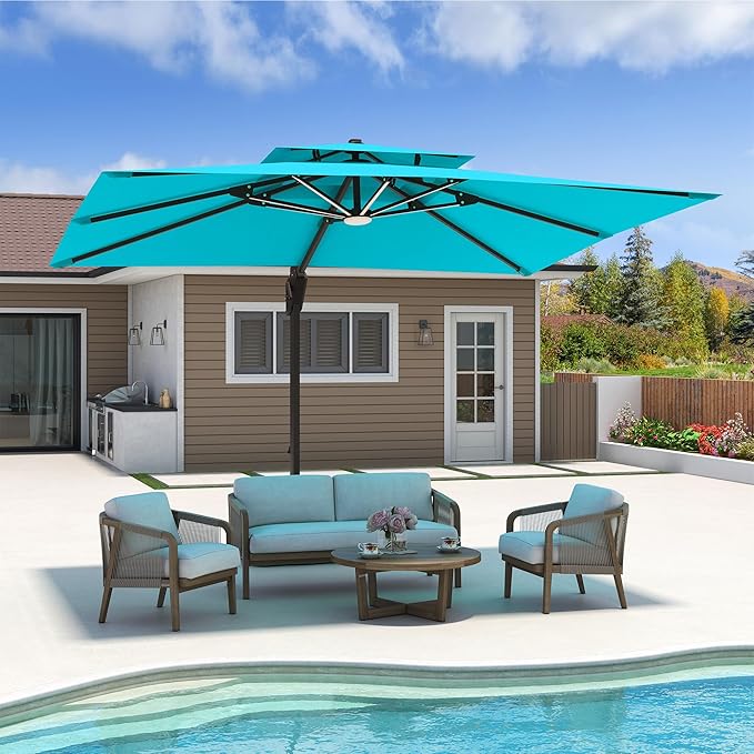 10x13 FT Cantilever Patio Umbrella with Led Lights Double Top Outdoor Rectangular Large Heavy Duty Aluminum Offset Umbrellas with 7 Level Tilt 360-degree Rotation for Pool Garden Deck, Turquoise