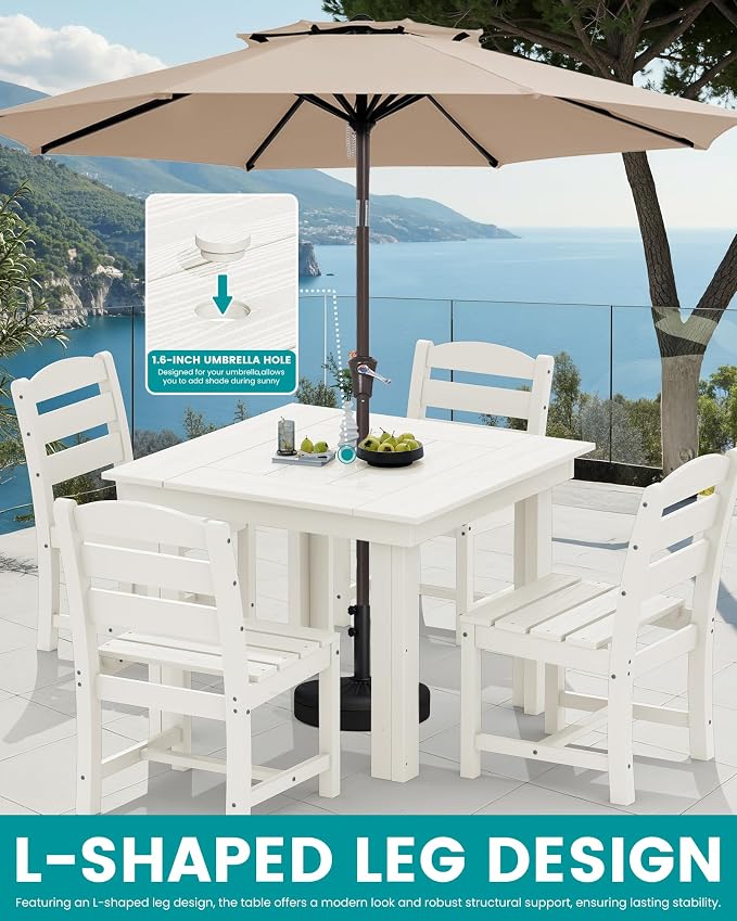 SERWALL Outdoor Dining Set for 4, HDPE Square Table and Chairs Set All Weather Patio Dining Set with 4 Armless Chairs for Patio, White