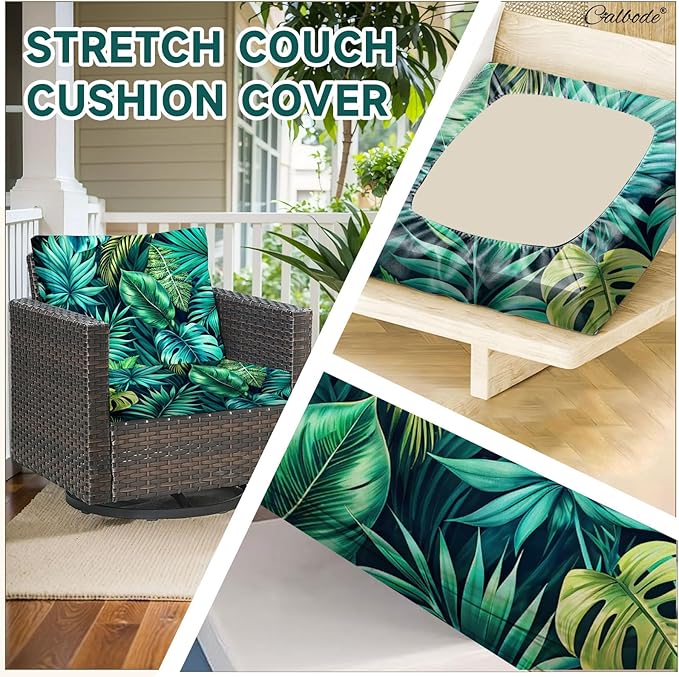 CALBODE 14 Pcs Stretch Outdoor Seat Cushion Covers, Washable Chair Seat Cover for Patio Furniture Cushions Soft Indoor and Outdoor Couch Cover Replacement (Green Tropical Leaves, Cover Only)