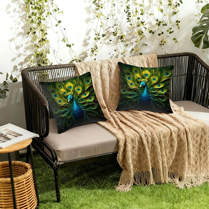20x20 Inch Outdoor Pillow Covers Set of 2 Waterproof Throw Pillow Covers Decorative Couch Cushion Covers Green Peacock,Animal Square Pillowcases Protectors for Patio Garden Sofa