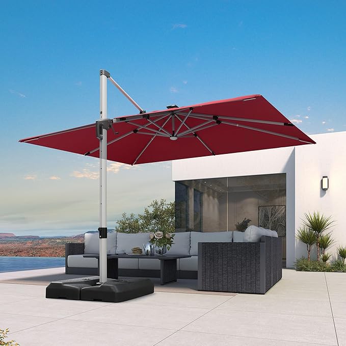 PURPLE LEAF 9' X 12' Patio Umbrella with Lights Outdoor Rectangle Cantilever Umbrella Solar Powered LED with 360-degree Rotation for Garden Deck Pool Patio, Terra