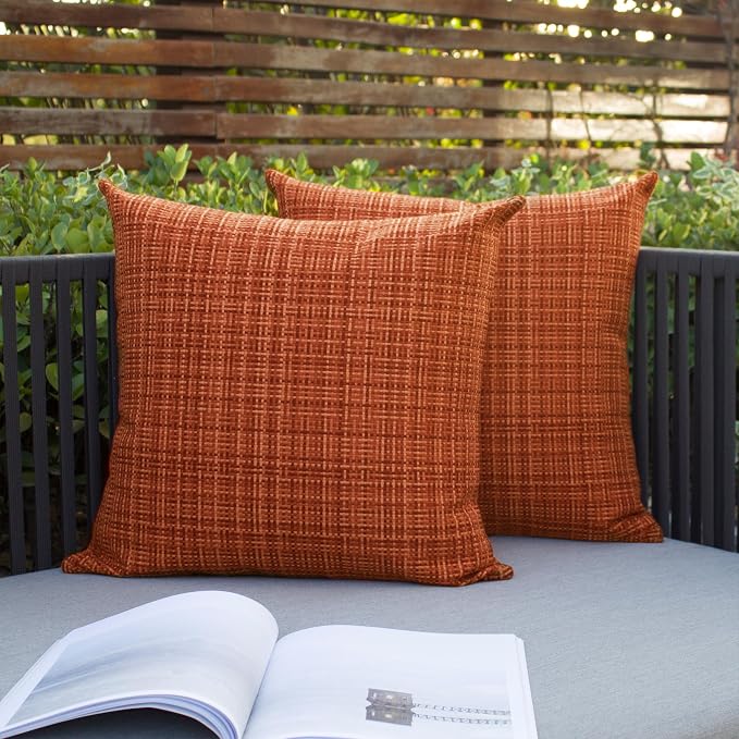 Kevin Textile Outdoor Waterproof 24"x24" Pillow Covers 2 Pack, Burnt Orange | Fall Water Resistant, Faux Linen Yarn-dyed, Woven Texture Euro Throw Pillow Covers for Tent Patio Garden Couch Sofa