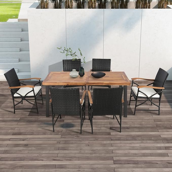 Tangkula 7-Piece Outdoor Dining Set with Acacia Wood Table & 6 Wicker Rattan Armrest Chairs, Detachable Cushions, Umbrella Hole, All-Weather Patio Conversation Furniture Set for Garden Deck (7 PCS)