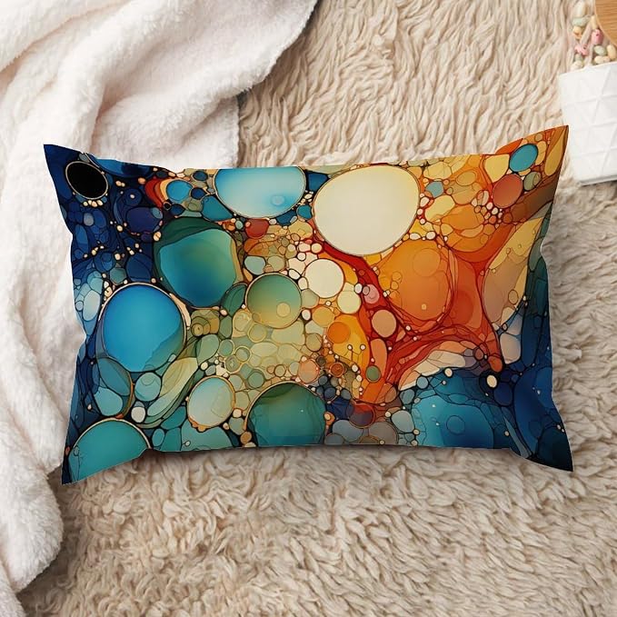Ink Rainbow Shapes with Gold Rectangular Throw Pillow Cover Abstract Alcohol Ink Textures Cushion Cases 16x26in Modern Accent Decorative Cushion Covers Home Decor for Home Decor Sofa Couch