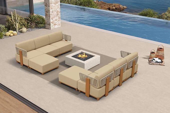 PURPLE LEAF Patio Furniture Set Modular L-Shaped Outdoor Sectional Sofa with 11" Thick Olefin Cushion 8-Piece Outdoor Conversation Set with Coffee Lights & Ottomans for Backyard Garden Poolside, Beige