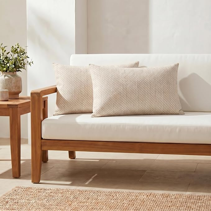 RSH DECOR: Sunbrella Lumbar Throw Pillows Set of 2 | 20" x 12" | Water and Fade-Resistant Fabric | Outdoor Pillow Covers with Down-Alternative Inserts | Made in USA (Cozy Quilt Bright White)