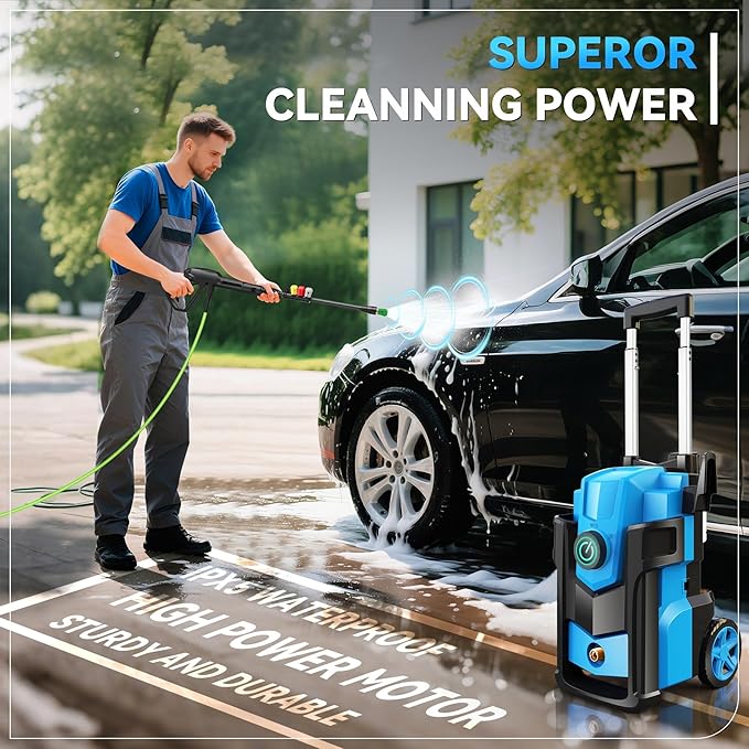 Electric Pressure Washer, 5000 PSI 4.0 GPM Heavy Duty Power Washer, with 4 Nozzles,Foam Cannon,33FT Hose Reel and 500ml Soap Bottle for Home/Cars(Light Blue)