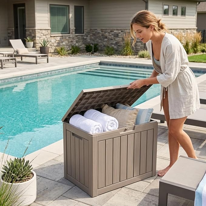 Outdoor Storage Box, 50 Gallon Waterproof Deck Box [Upgraded 3.0], Snap-Together Storage Bin for Chair Cushions, Porch Throw Pillows, Lockable Small Coffee Table Ottoman, Patio Garden, Grey