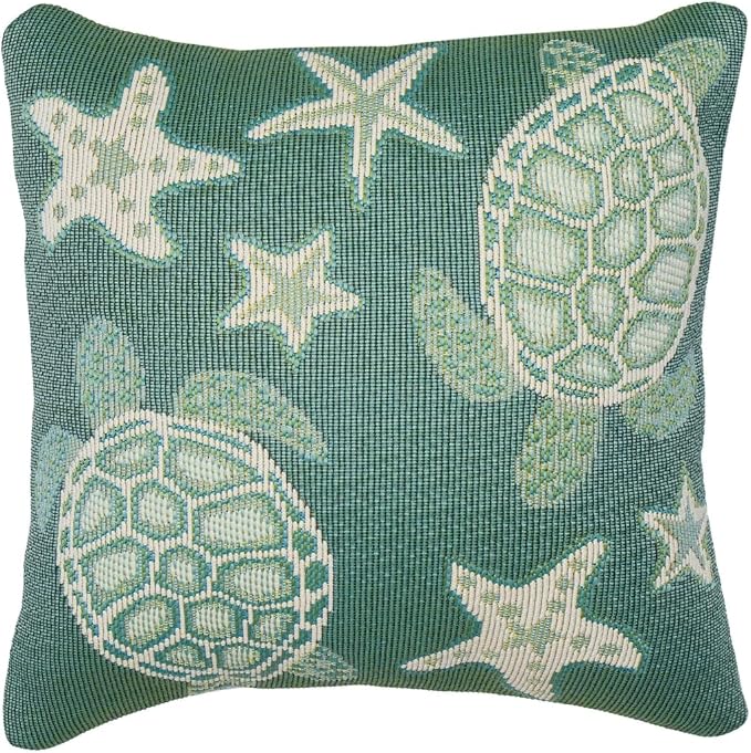 Liora Manne MARINA Indoor/Outdoor Power Loomed Easy Care Pillow - Transitional Geometric Coastal Beach Colorful (Turtle And Stars Aqua) (18" x 18")