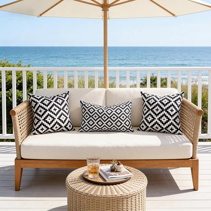 Geometric Outdoor Waterproof Pillow Covers 18x18 Inch Set of 2 | Black and White Modern Geometric Throw Pillows Cover, Decorative Cushion Covers for Summer Patio Garden Porch Sofa