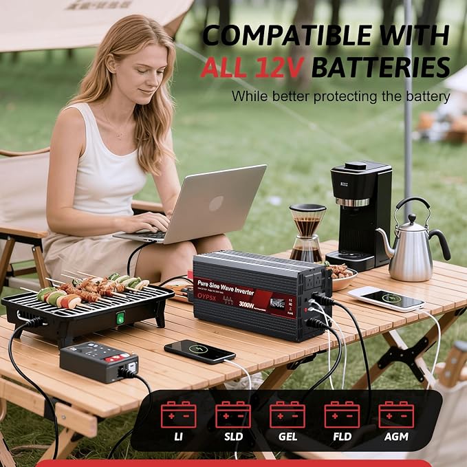 3000W Power Inverter 12V to 110V 120V AC Pure Sine Wave Inverter for RV Truck Camping,Outdoor Off-Grid Power Converter with LCD Display,Wired Controller,AC Outlets USB Ports(12V-3000Watt)