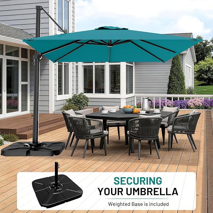 AreShark 10 × 10FT Square Cantilever Patio Umbrella with Base Included, 360° Rotation Offset Outdoor Umbrella, 5 Tilt Settings Heavy Duty Hanging Parasol for Deck Garden Pool, Lake Blue