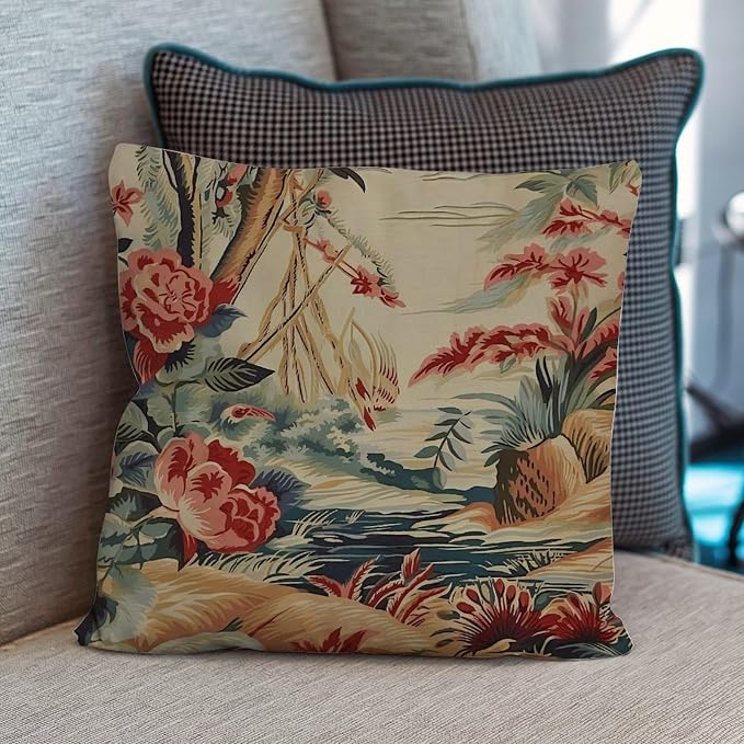 Pillow Cover Moore Manor Antique Chinoiserie Cushion Cover Farmhouse Coral Peony Chic Asian Pillow Cover Accent Outdoor Garden Decoration for Patio Couch Bench 20x20 in