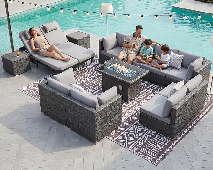 NICESOUL 13 Piece Outdoor Wicker Patio Furniture with Fire Pit, Oversized Grey Outdoor Seating Set with Fire Pit Table & Chaise Lounge, 29.3" High Back Sectional Couch Sets for Tall/Big Person